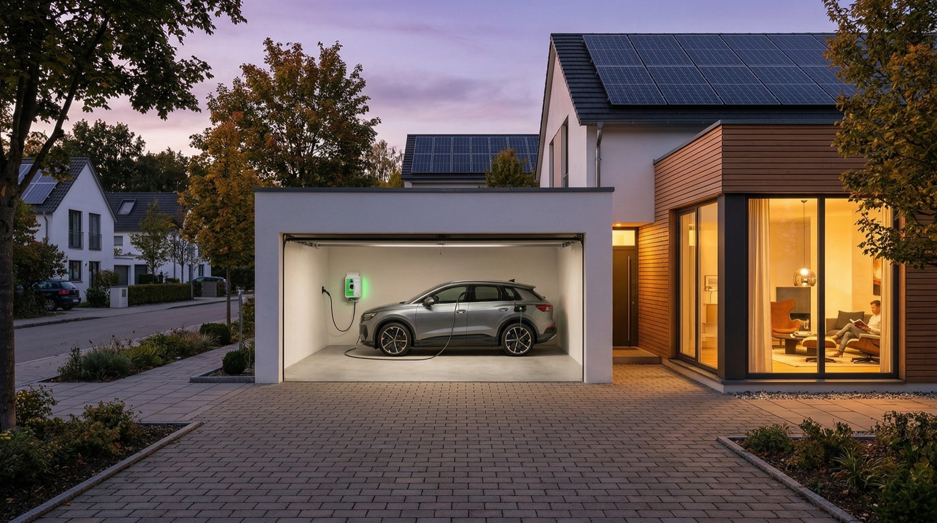 Modern home with EV charging in the driveway and solar panels on the roof