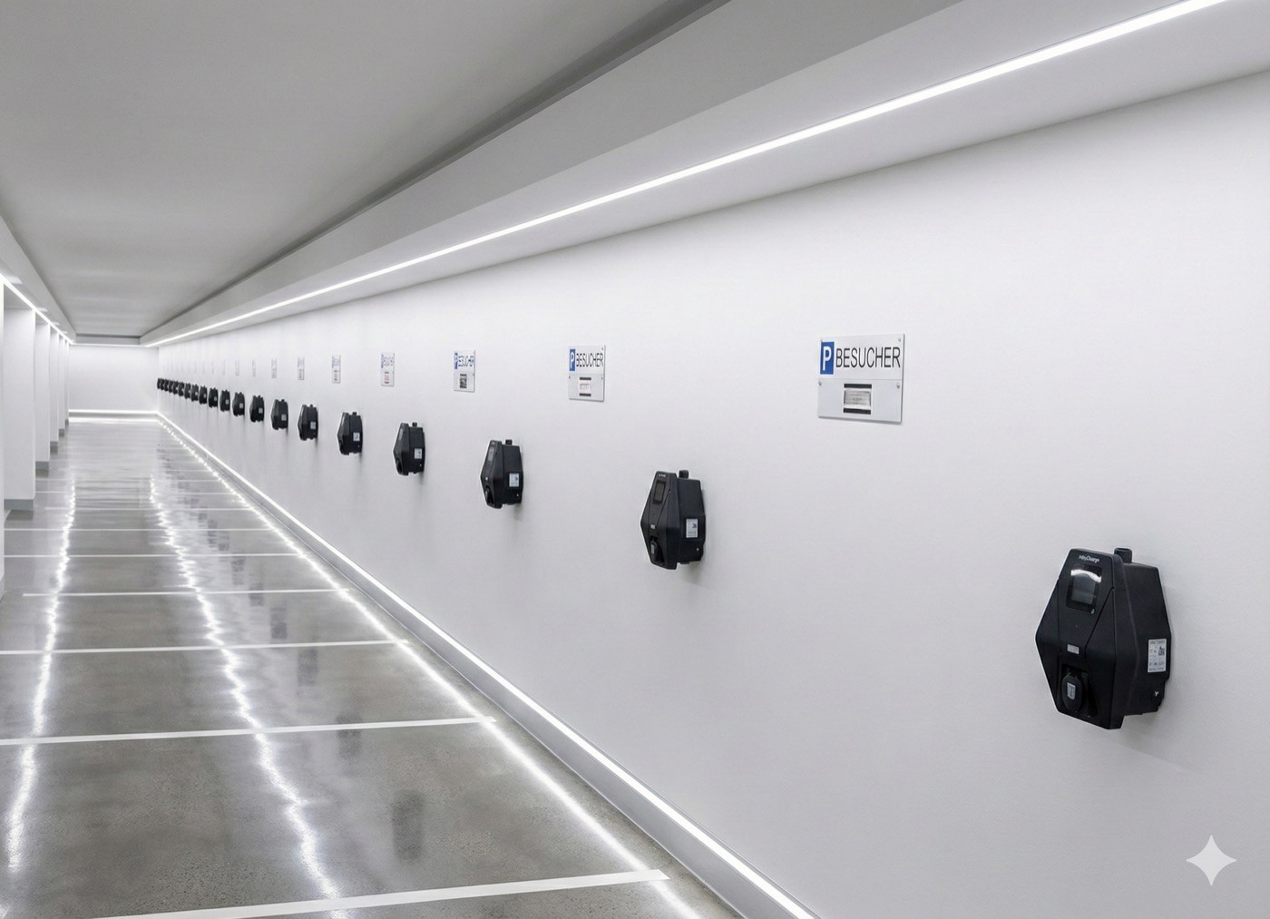 Row of HeyCharge chargers installed in an underground parking garage